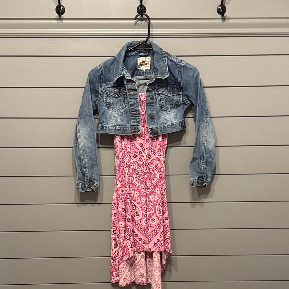 Pink Paisley Dress Childrens Place WITH Gap Crop Denim Jacket size 10/12